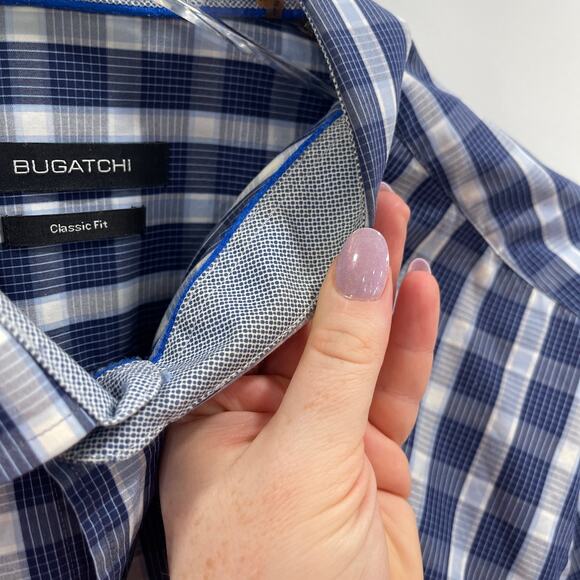 Bugatchi Uomo Shirt XXL Blue Plaid Check Long Sleeve Cotton Casual Dress Shirt - Picture 12 of 16